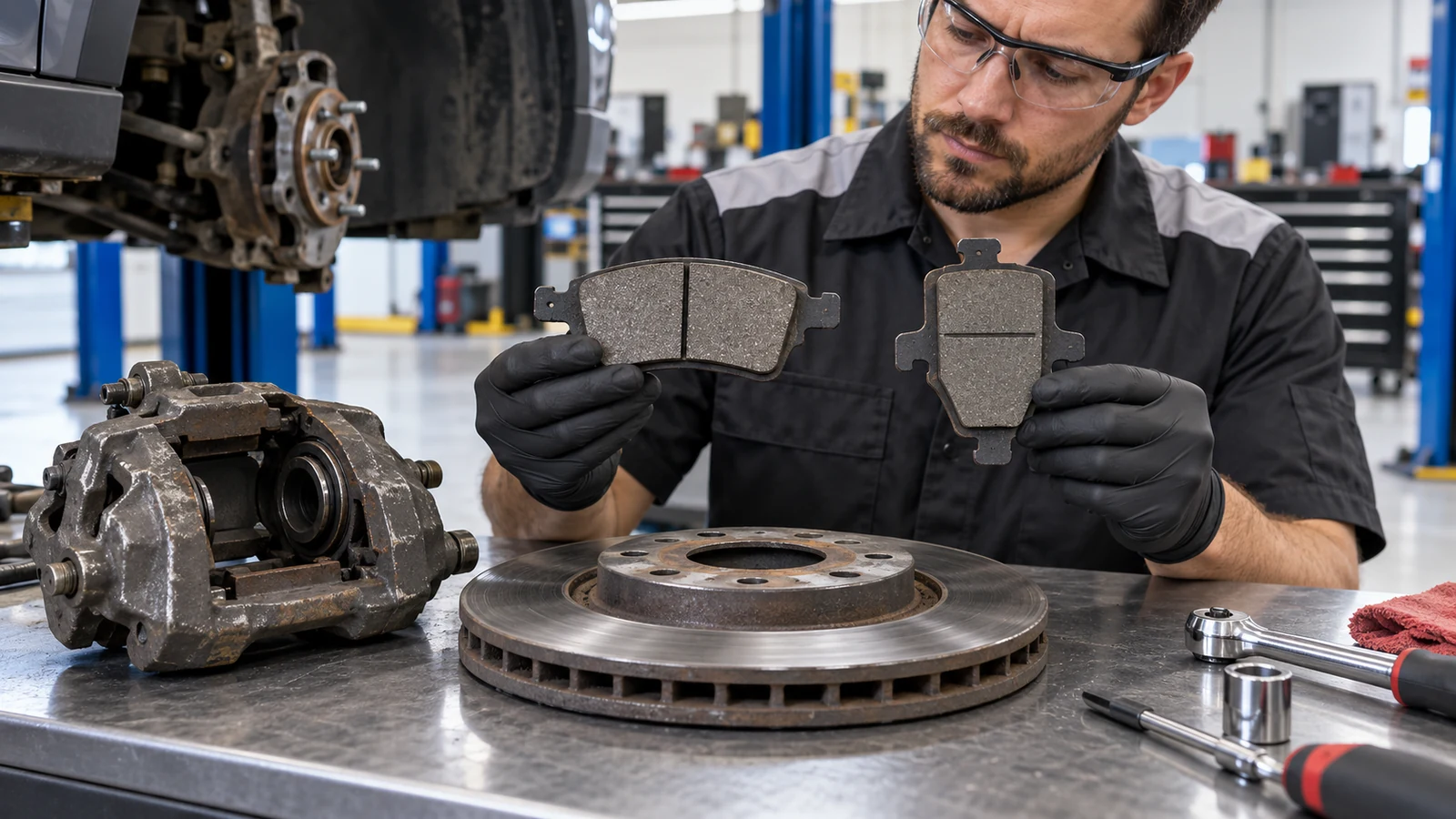 Technician comparing brake pad shapes and caliper fit