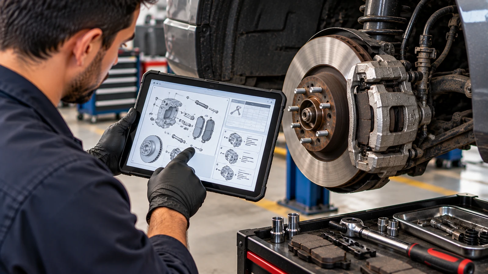 Mechanic checking factory brake procedure on workshop tablet