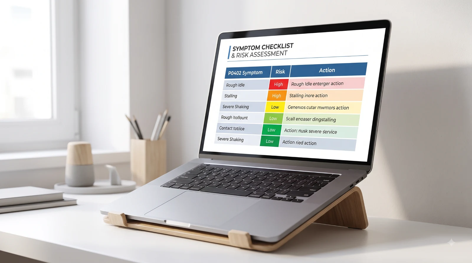 Analyzing P0402 symptom checklist on laptop.