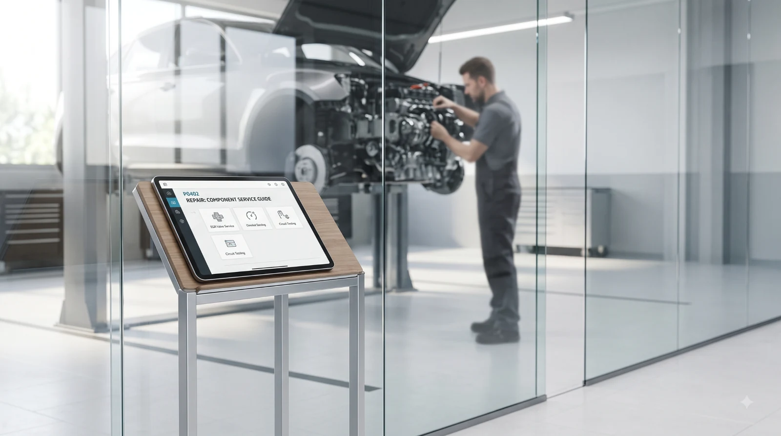Clean automotive service bay and service guide.