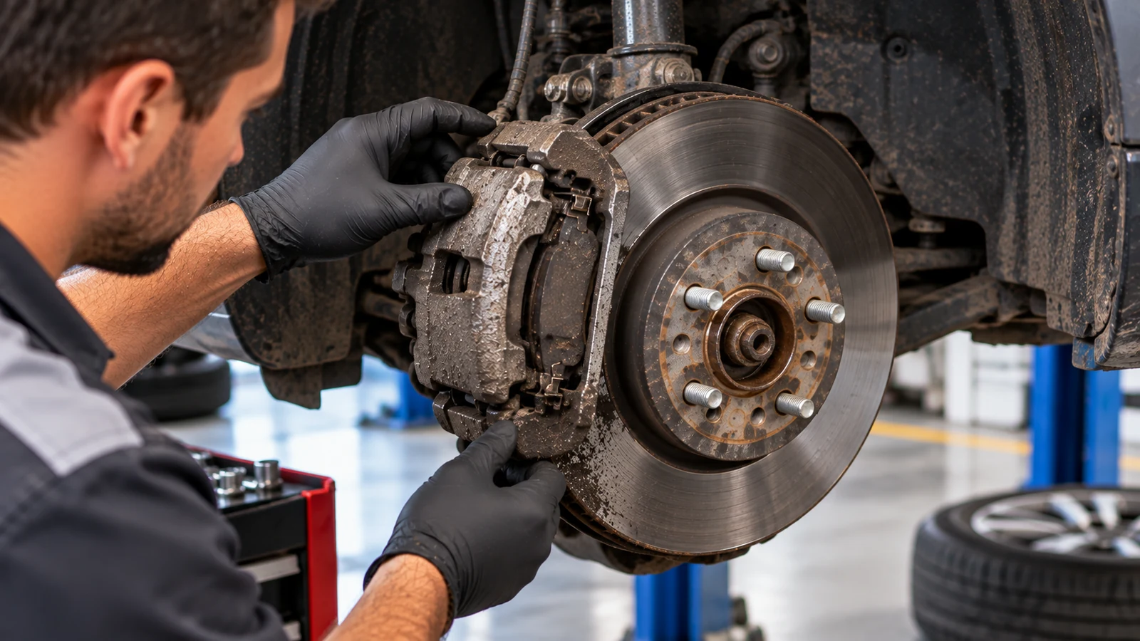 Technician inspecting brake dust around front wheel