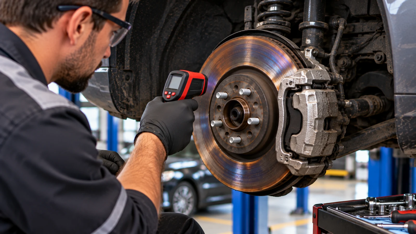 Mechanic checks hot brake rotor after hard braking
