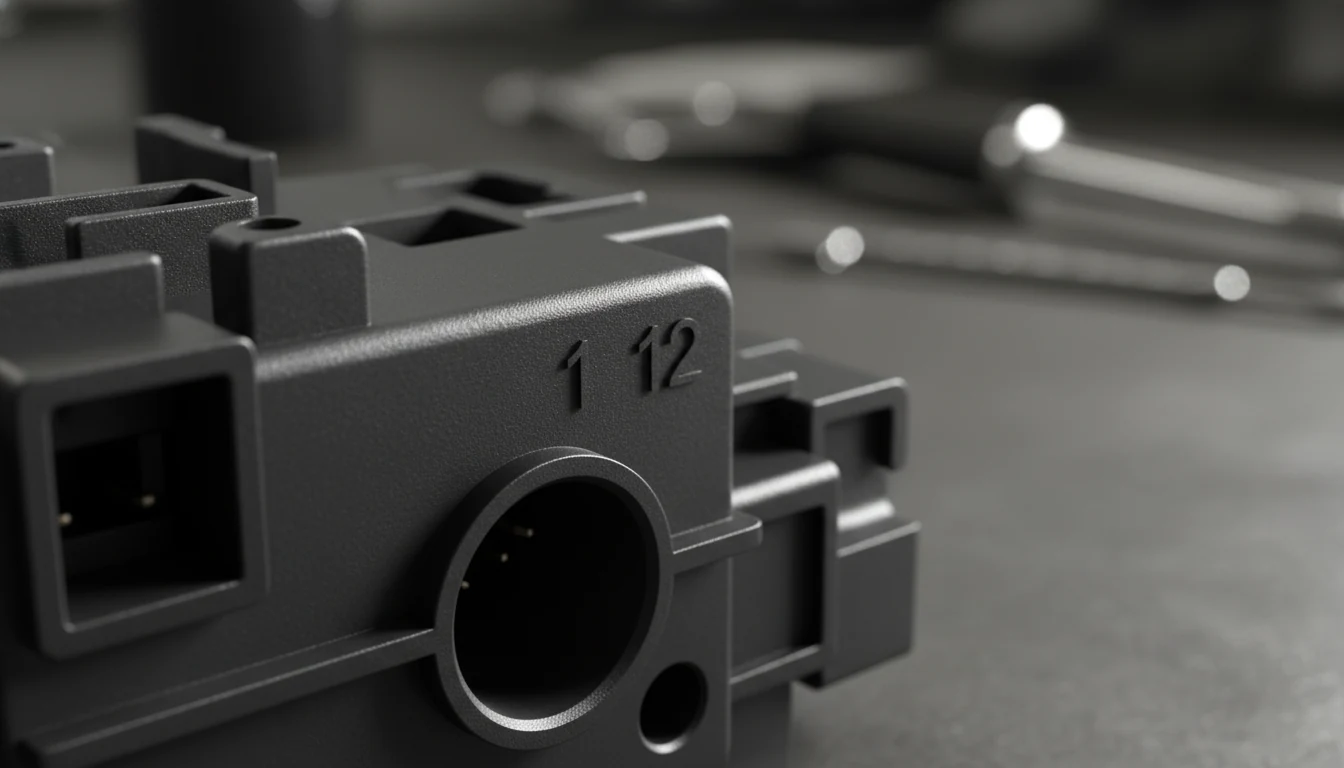 Macro view of molded-in pin numbers on an automotive connector housing.