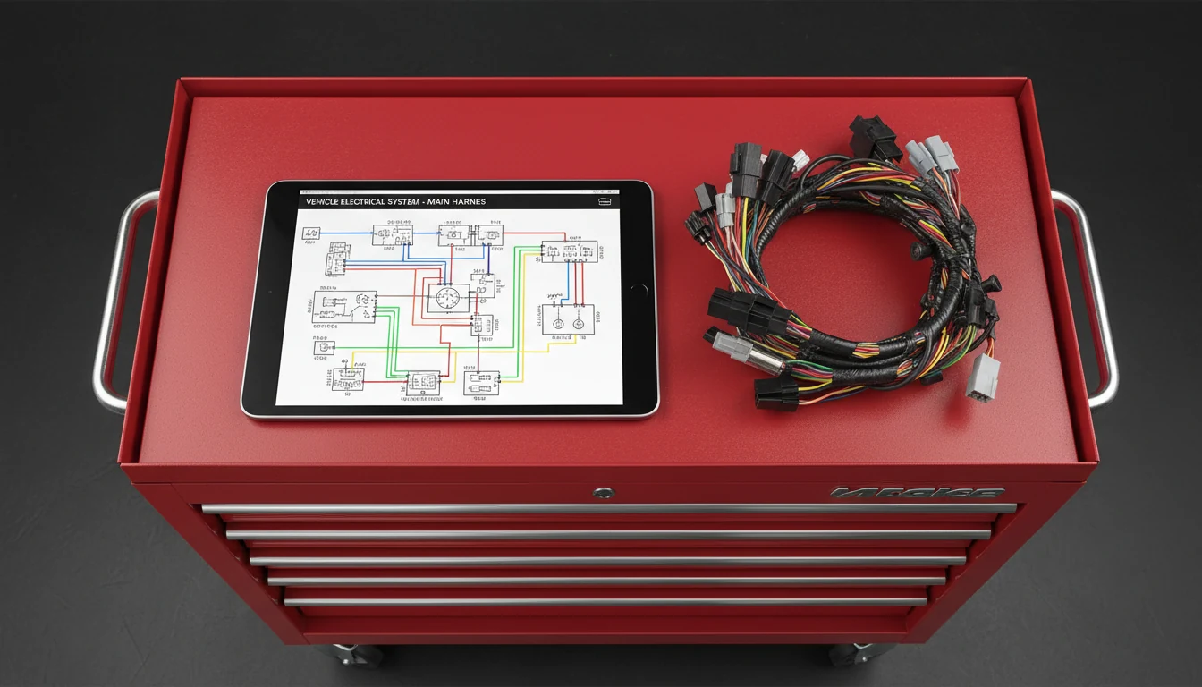 A tablet showing an electrical schematic next to a physical wiring harness.