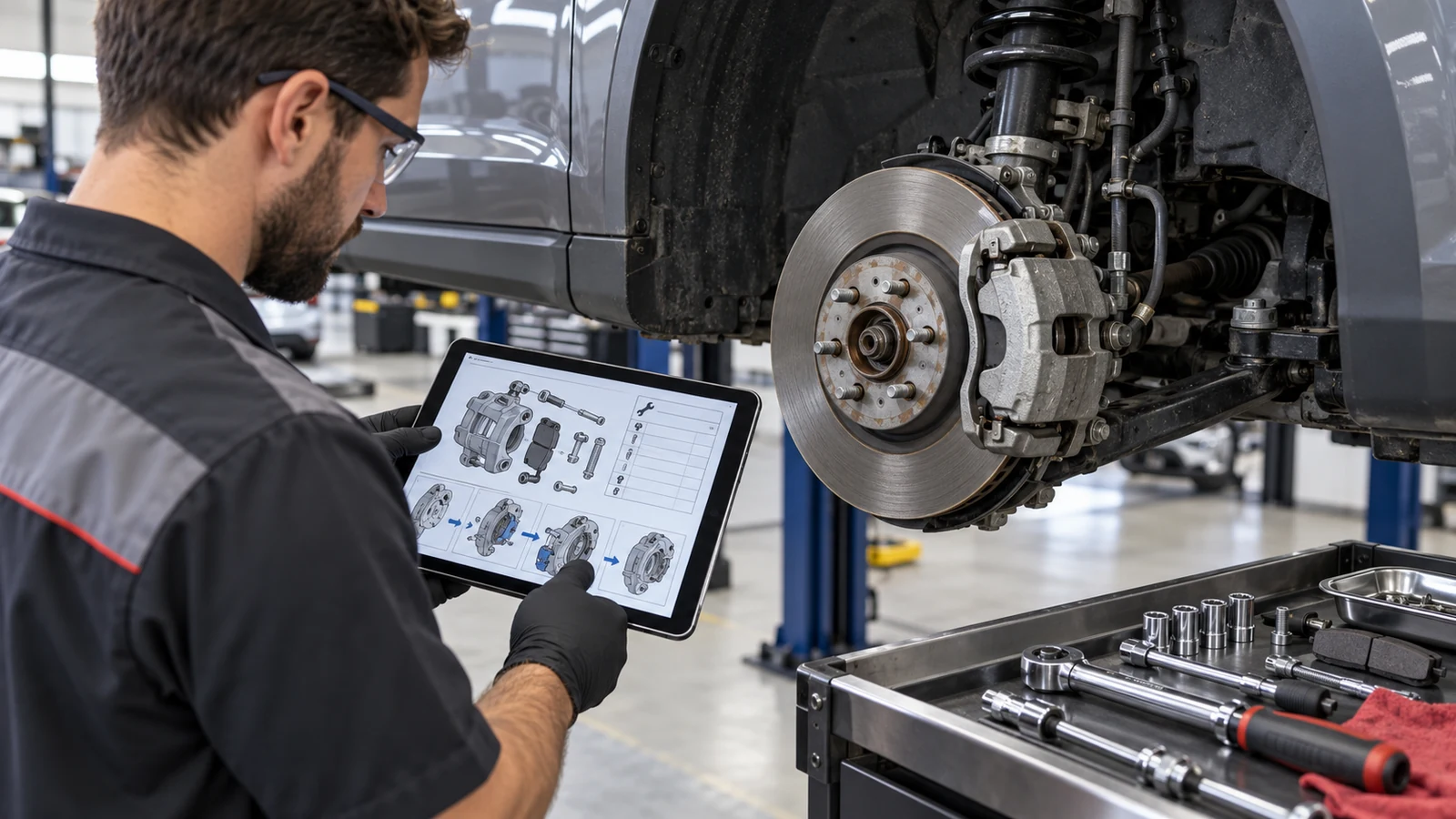 Technician reviewing factory brake service manual