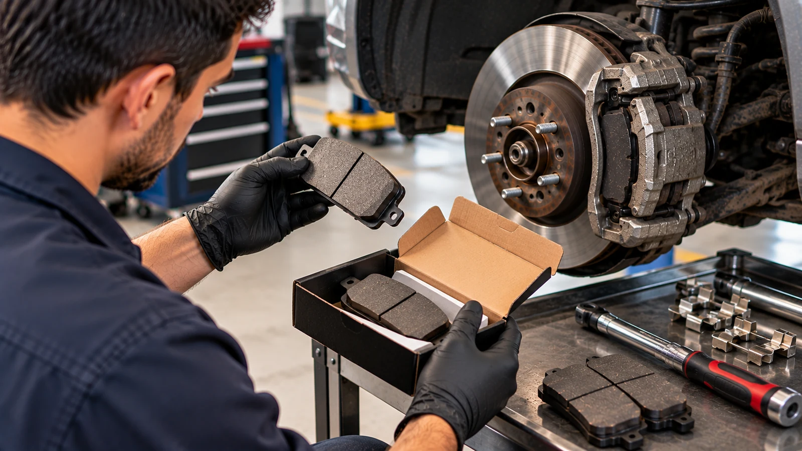Technician checking copper-free brake pad compliance markings