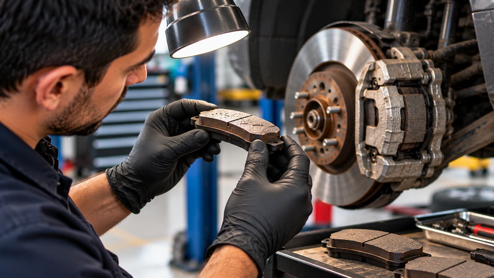 Mechanic reading brake pad friction edge code
