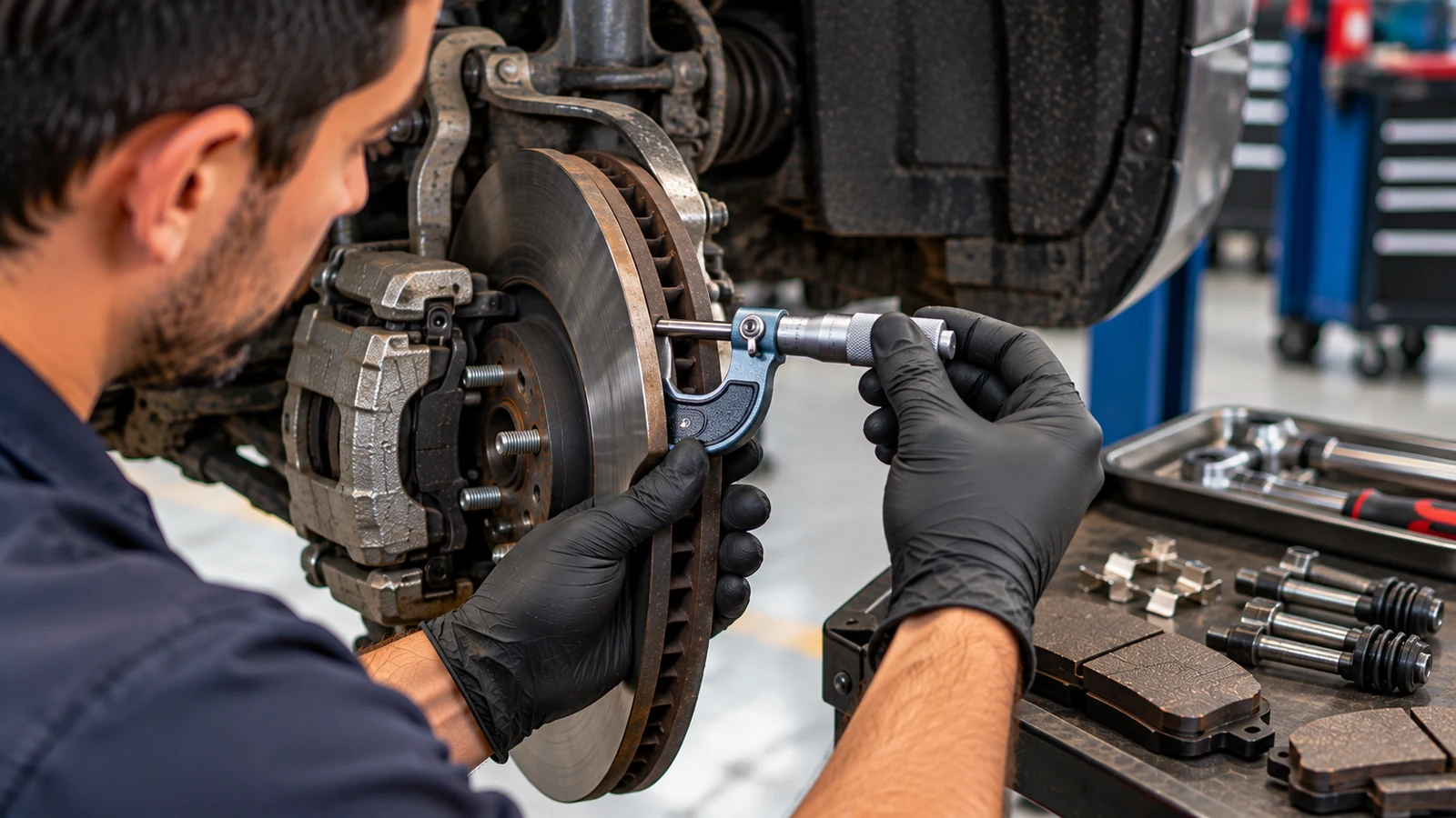Micrometer measuring brake rotor minimum thickness