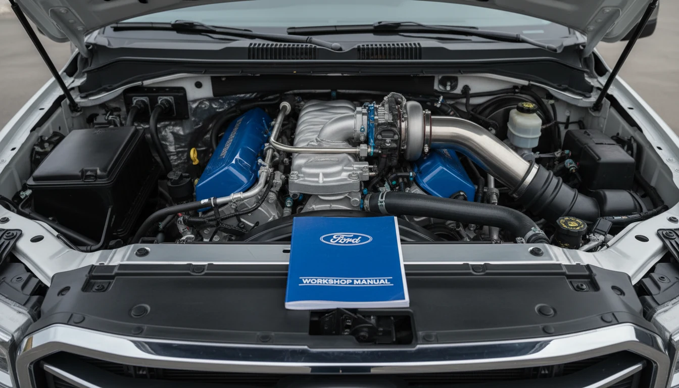 A genuine Ford service manual resting on a clean Ford engine in a professional garage.