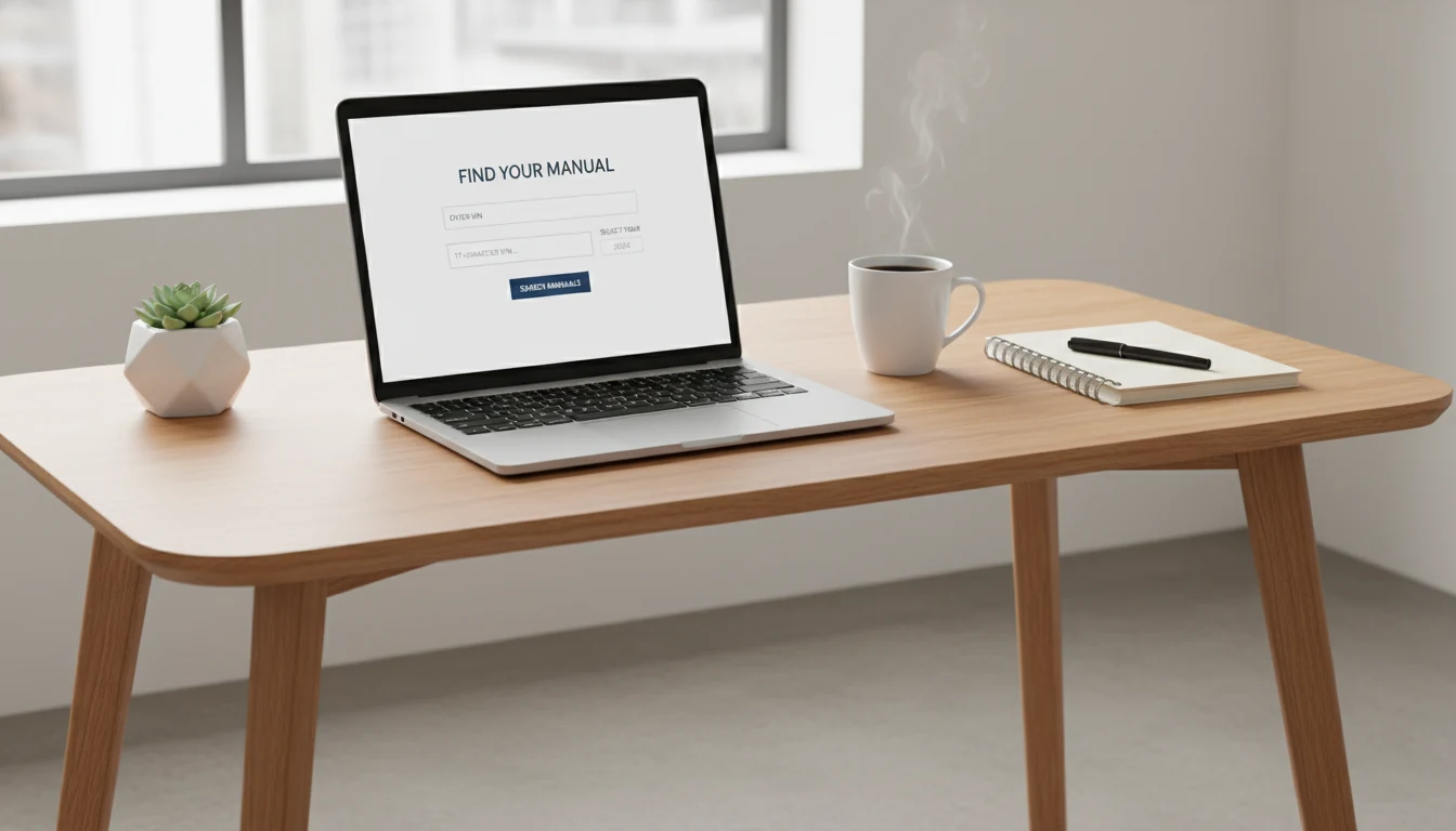 A clean workspace showing a laptop used to search for model-specific factory manuals.