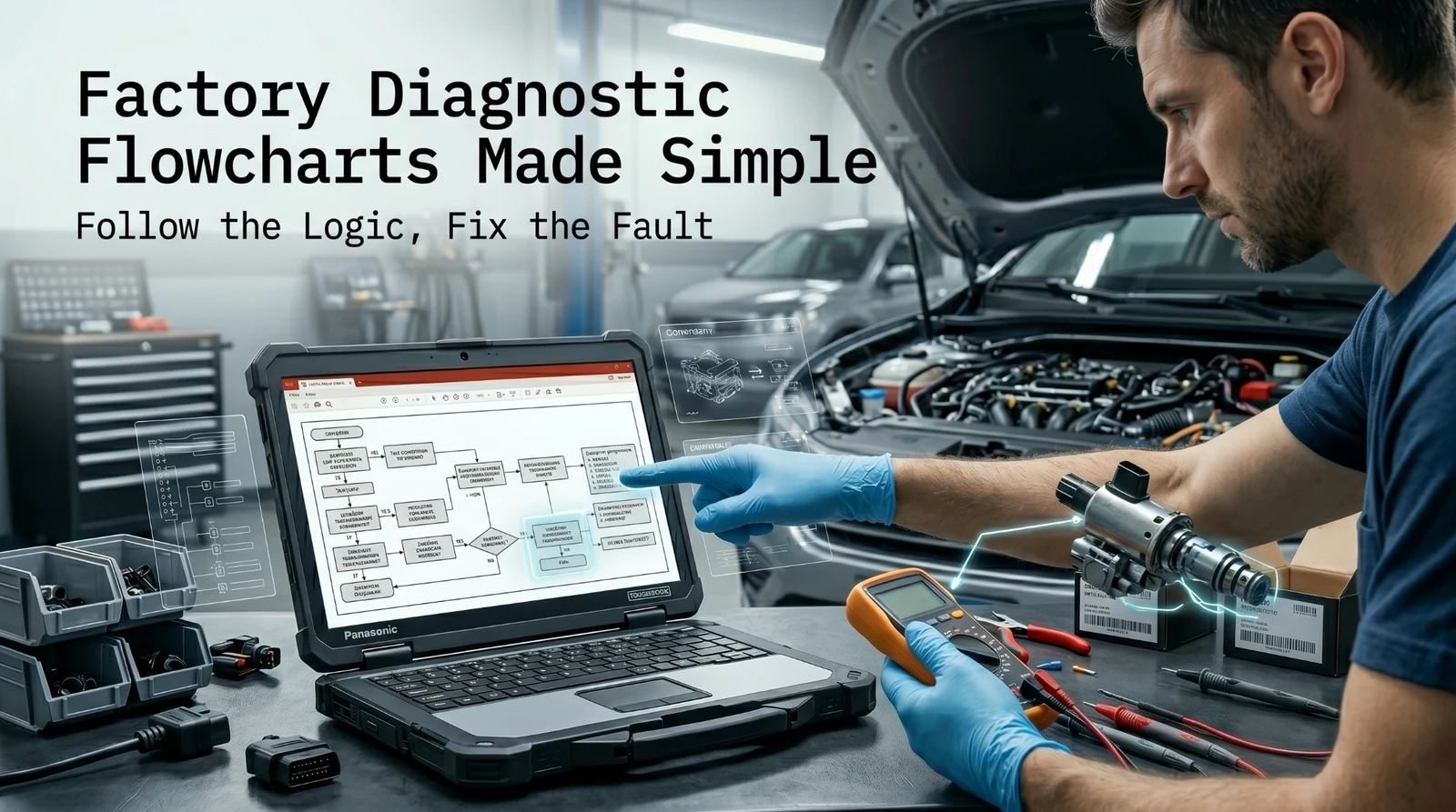 technician following diagnostic flowchart on digital manual