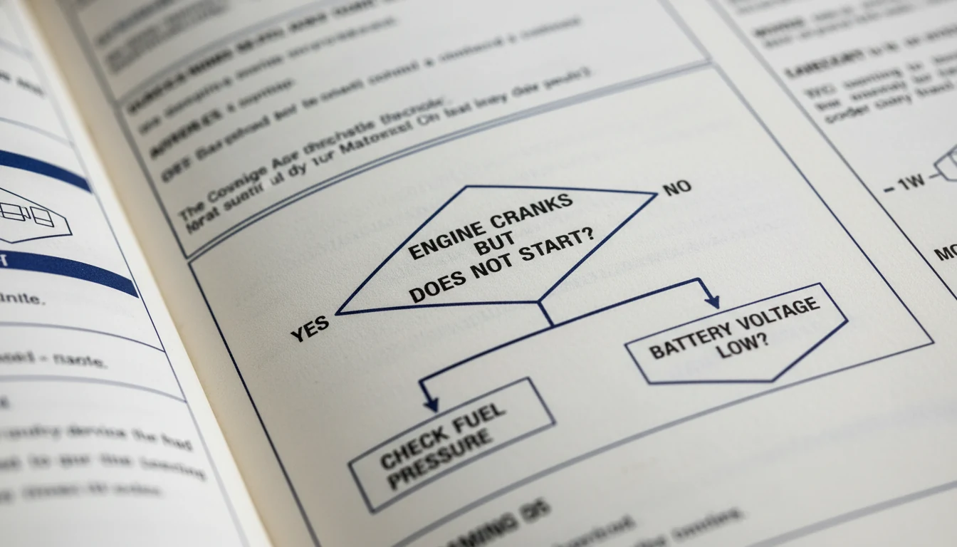 Close-up detail of a professional factory diagnostic logic tree on a printed manual.