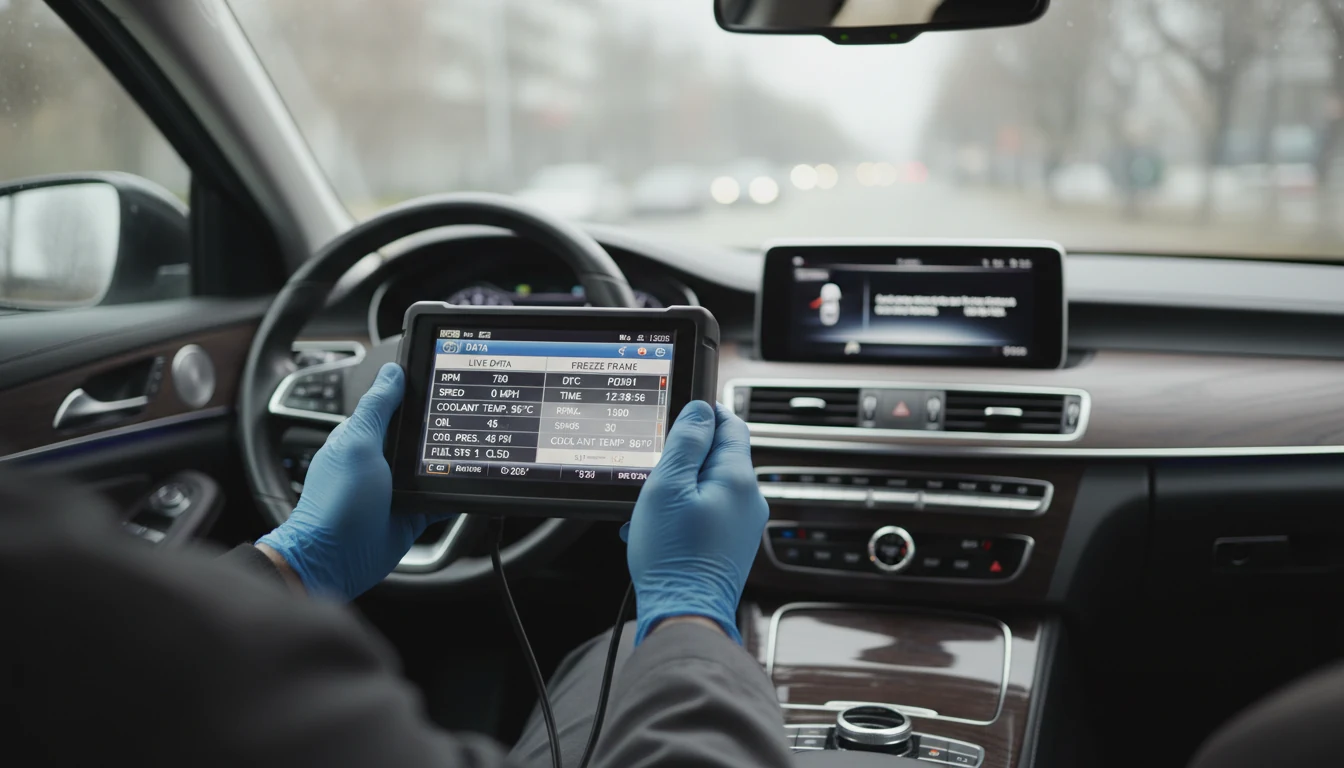 Handheld scan tool displaying live vehicle data used for symptom verification.