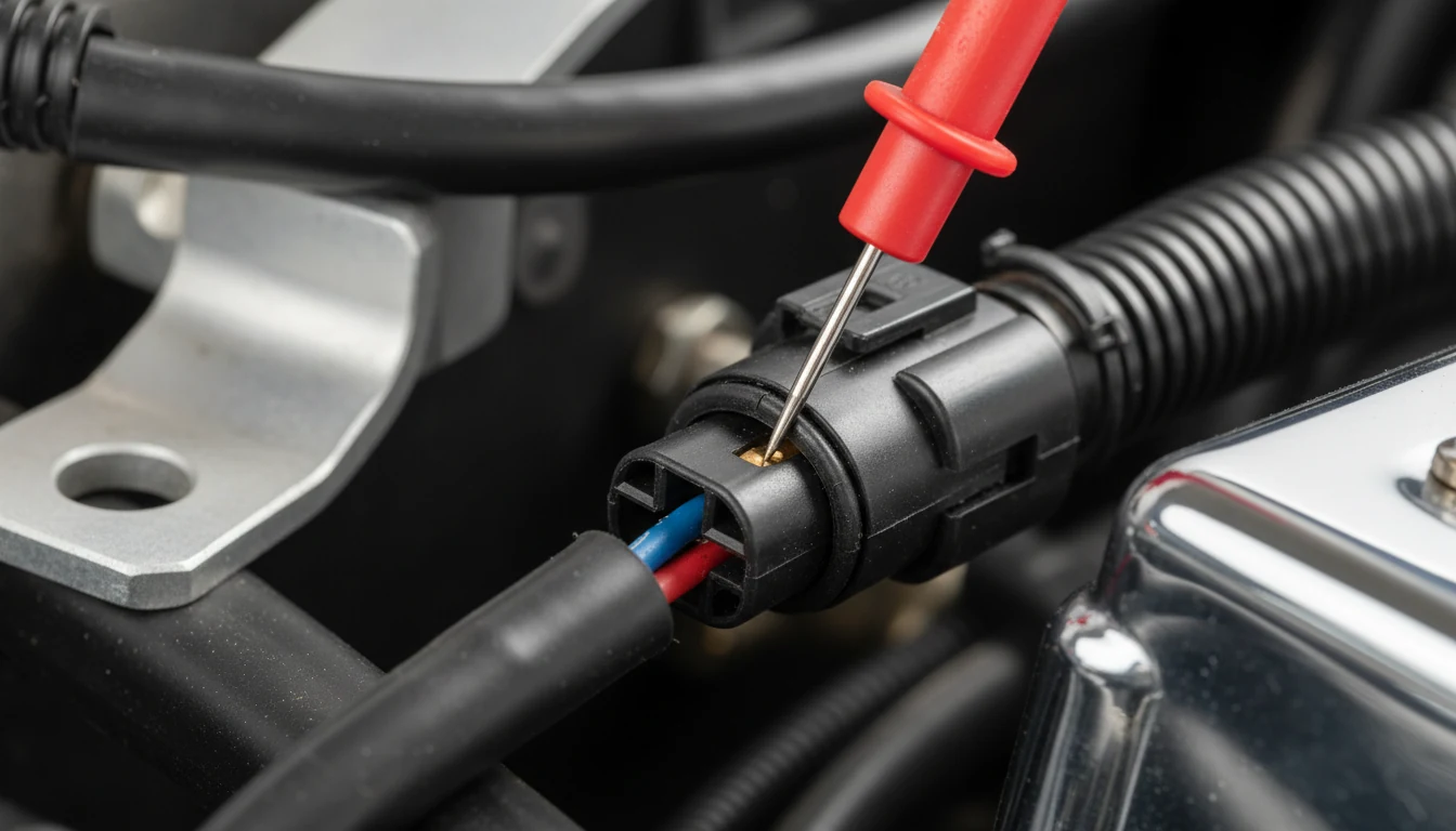 Close-up of a multimeter probe performing a precise circuit test on a vehicle connector.