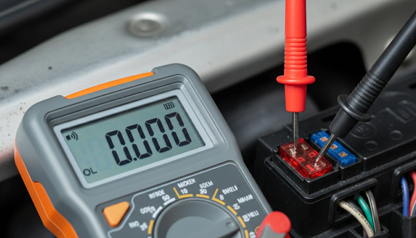 Using a multimeter to test a fuse for continuity while it is installed in the box.