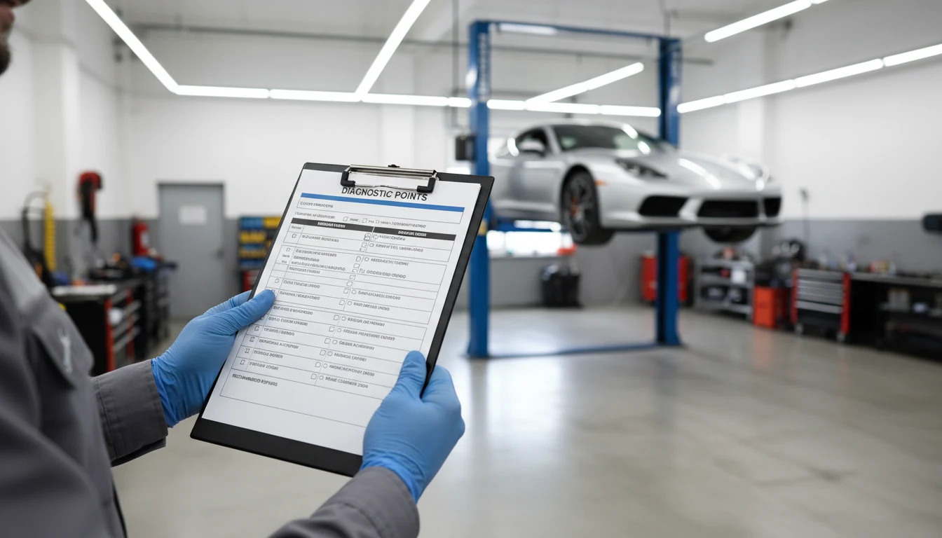 A mechanic holding a structured diagnostic checklist in a professional shop.