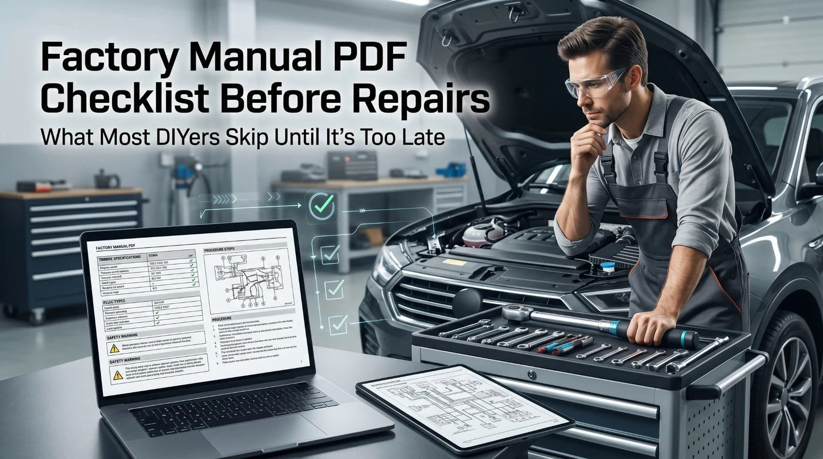 mechanic reviewing digital factory manual checklist before starting car repair