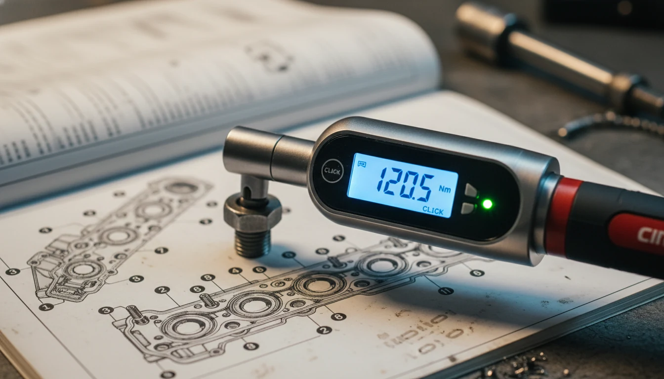 A professional digital torque wrench being used according to manual specifications.