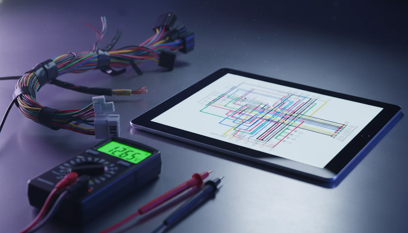 A tablet showing a complex electrical wiring diagram next to a car's wiring harness.
