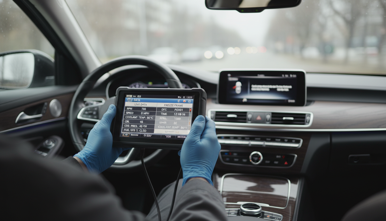 Handheld scan tool displaying live vehicle data used for symptom verification