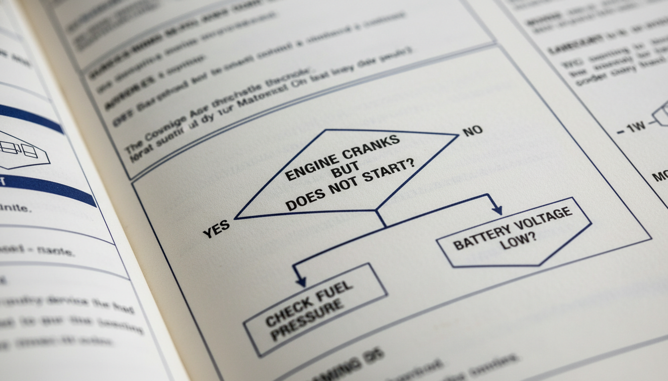 Close-up detail of a professional factory diagnostic logic tree on a printed manual