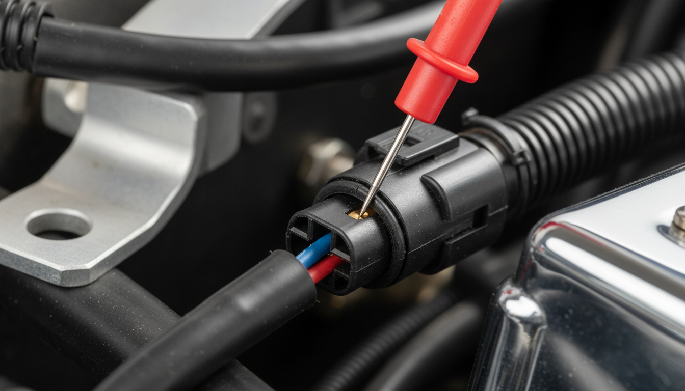 Close-up of a multimeter probe performing a precise circuit test on a vehicle connector