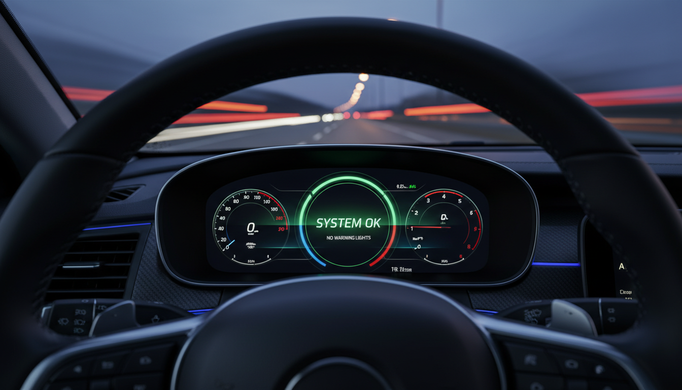 A vehicle dashboard showing a successful repair confirmation with no warning lights