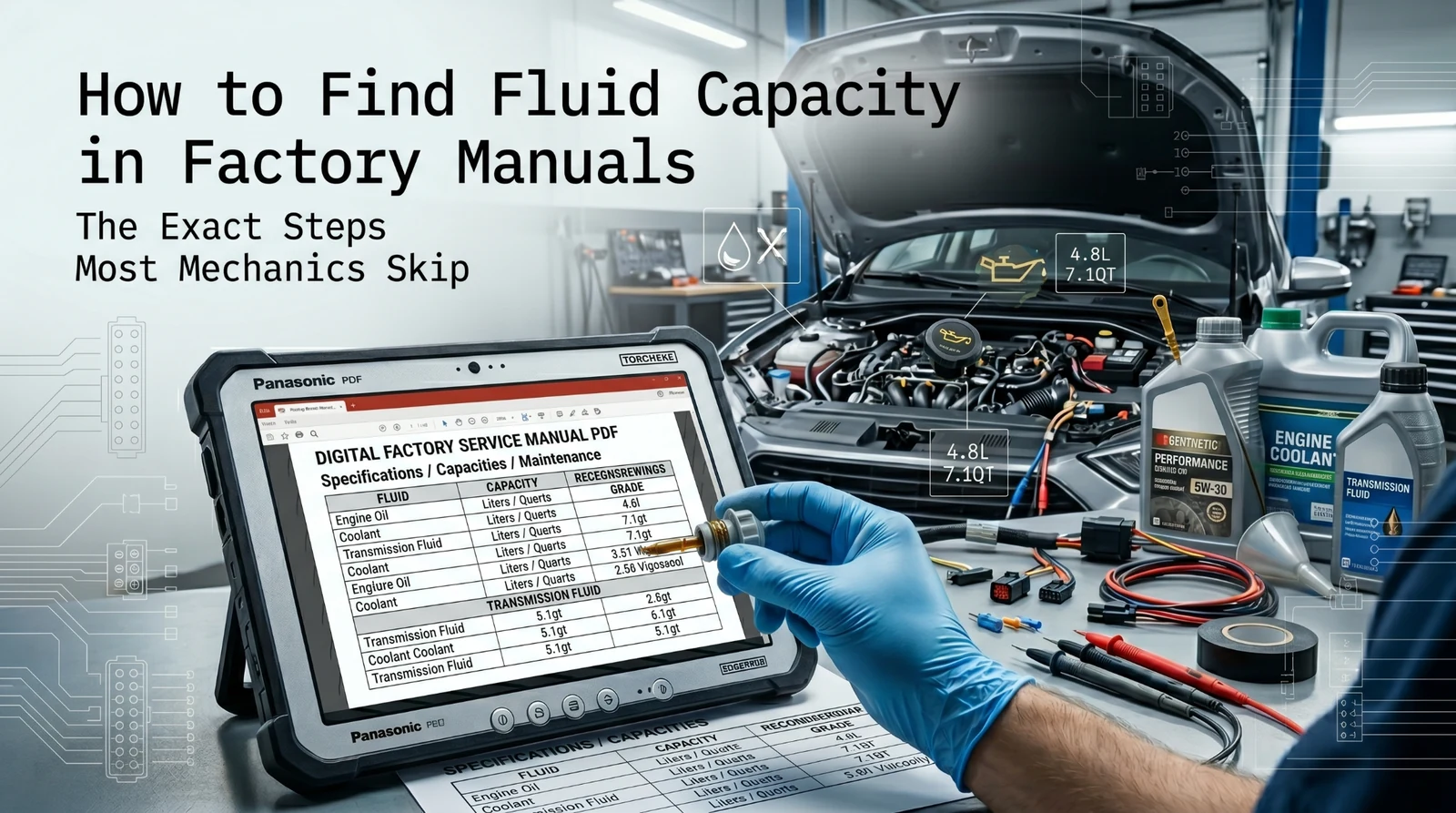 mechanic checking fluid capacity using digital factory manual
