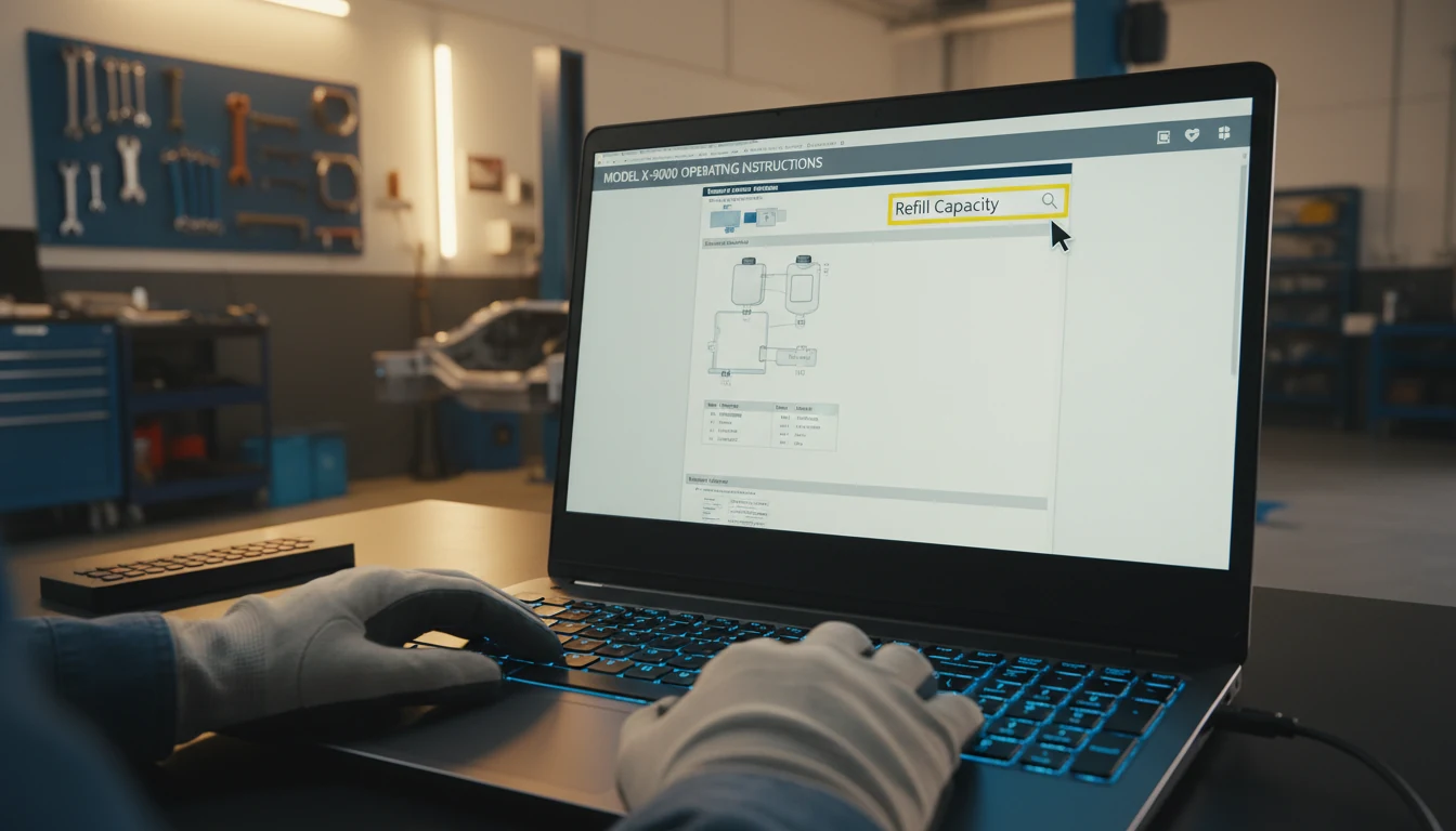 A technician searching for refill capacity in a digital PDF version of a factory manual.