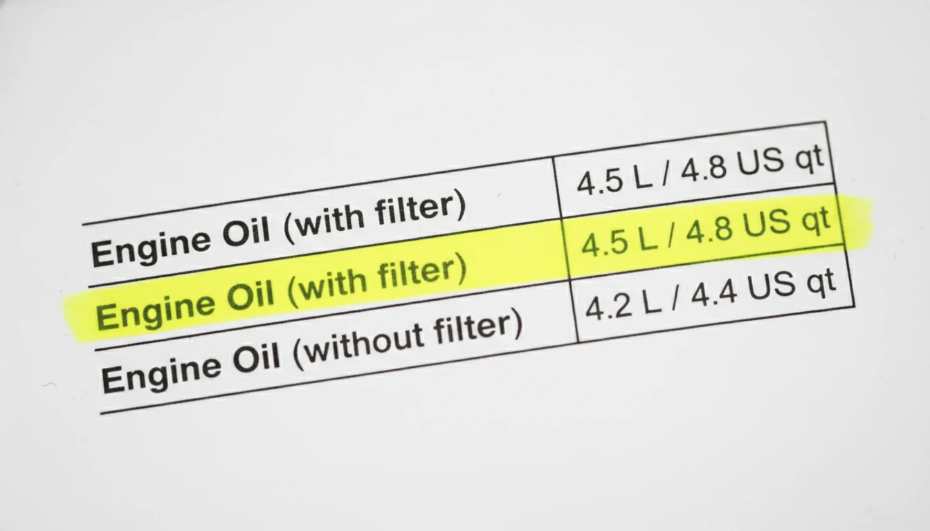 A close-up of a manual table showing the difference between oil capacity with and without a filter.