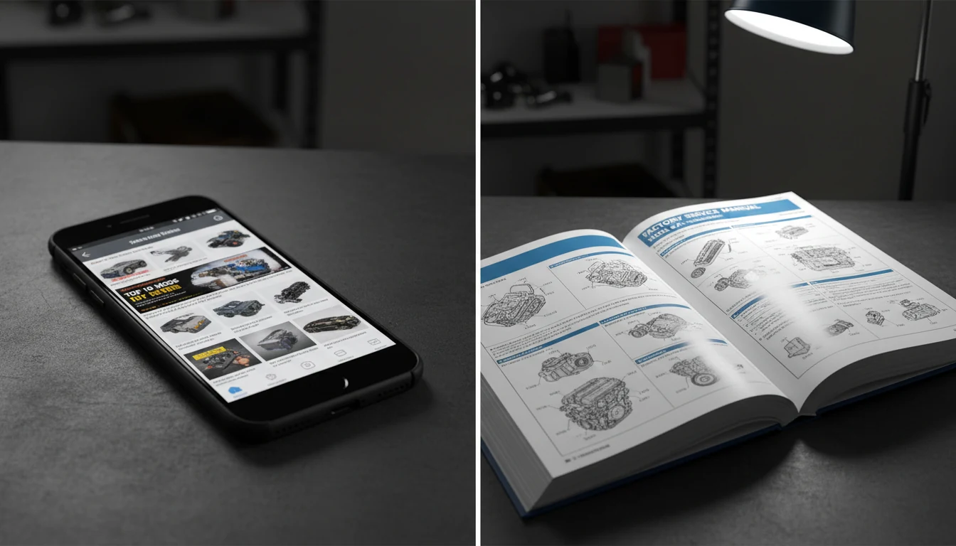 A side-by-side comparison of a generic online search result versus a detailed factory manual.