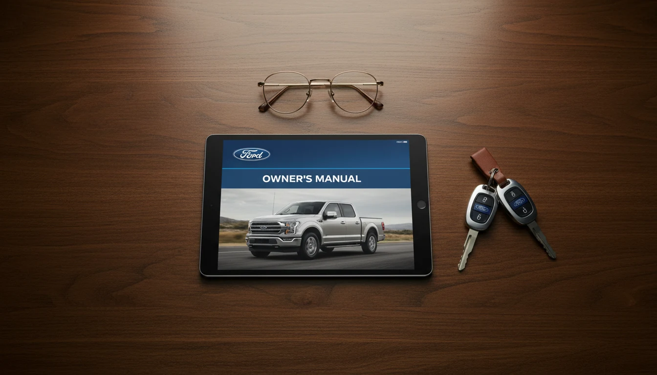 A tablet showing a digital Ford manual next to car keys on a desk.
