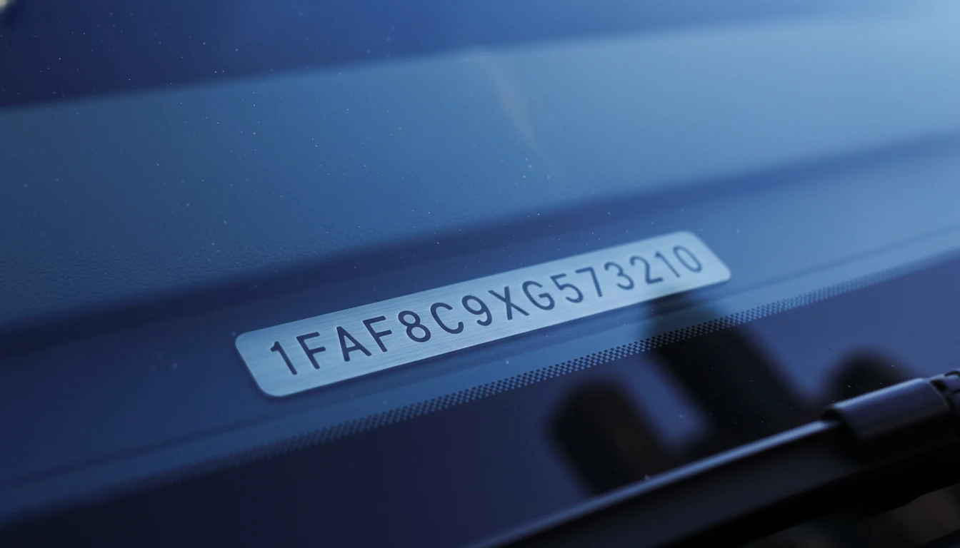 Close-up macro shot of a Ford VIN plate on a dashboard.