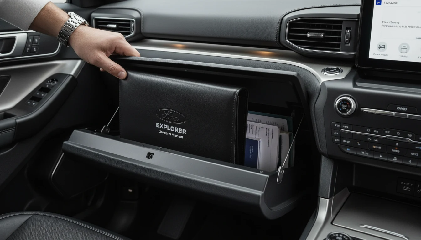An owner's manual being retrieved from a Ford glove box.