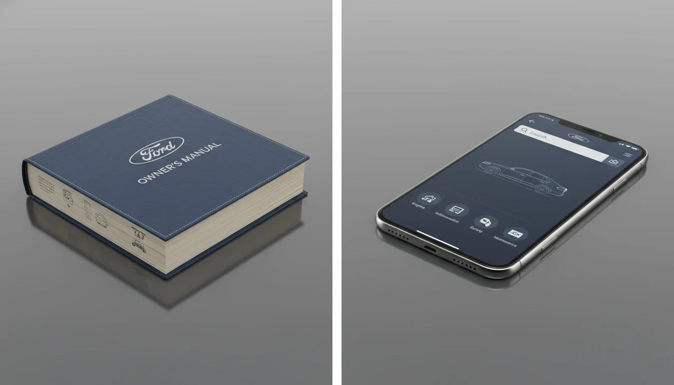 A side-by-side comparison of a printed Ford manual and a digital version on a smartphone.