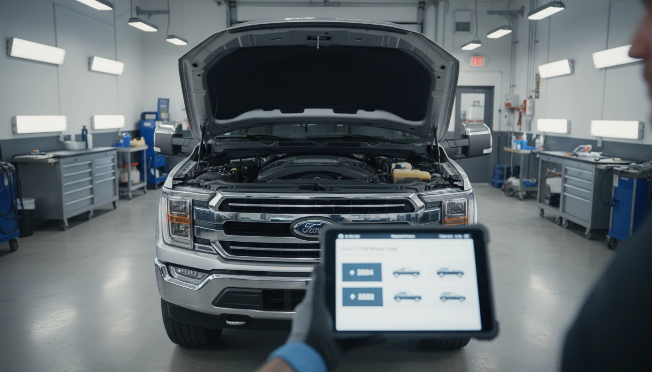 A technician using a tablet to verify the correct manual for a Ford F-150 in a workshop.