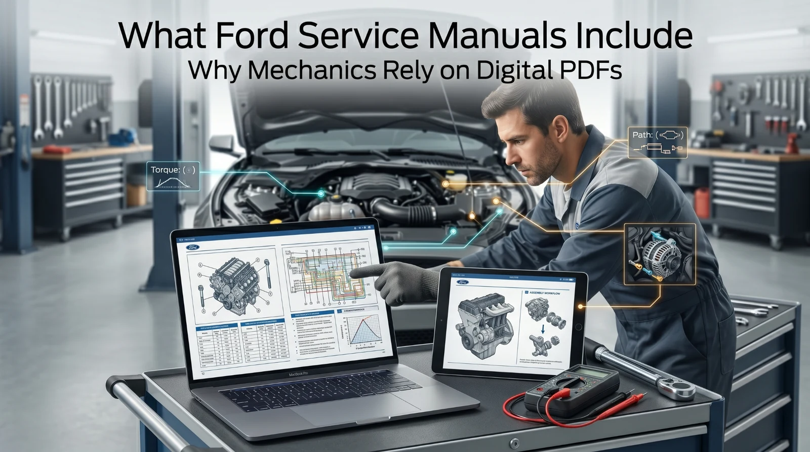 mechanic using ford service manual pdf on laptop in workshop