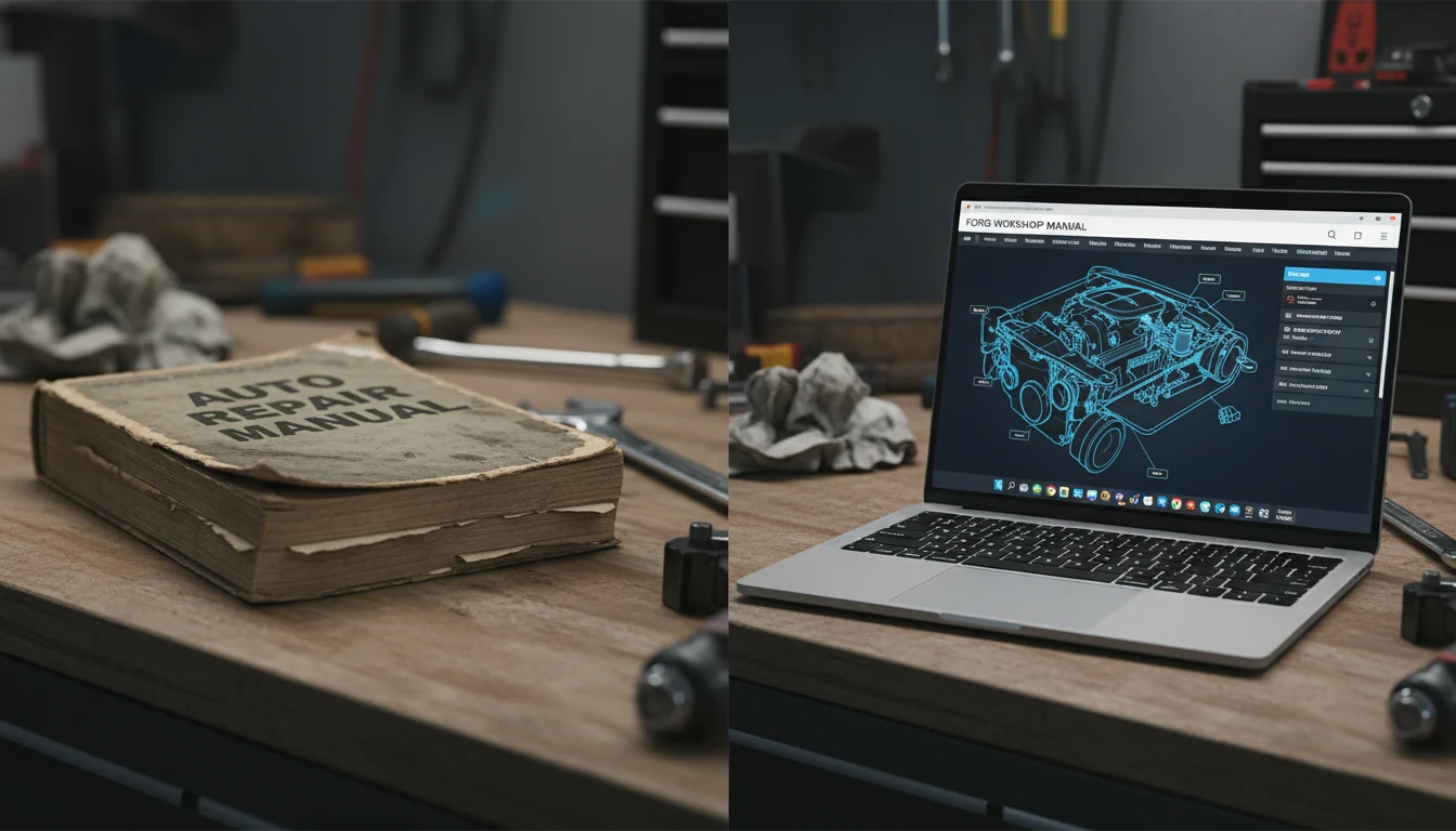 Official Ford service software on a laptop compared to a generic paper repair guide.
