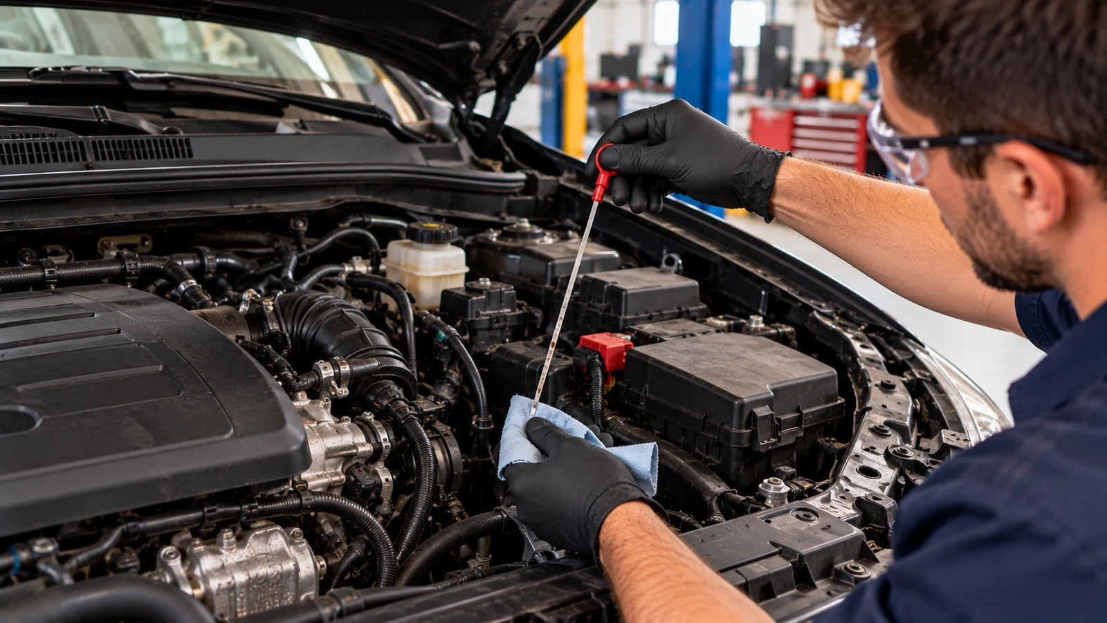 Mechanic locating automatic transmission dipstick in engine bay
