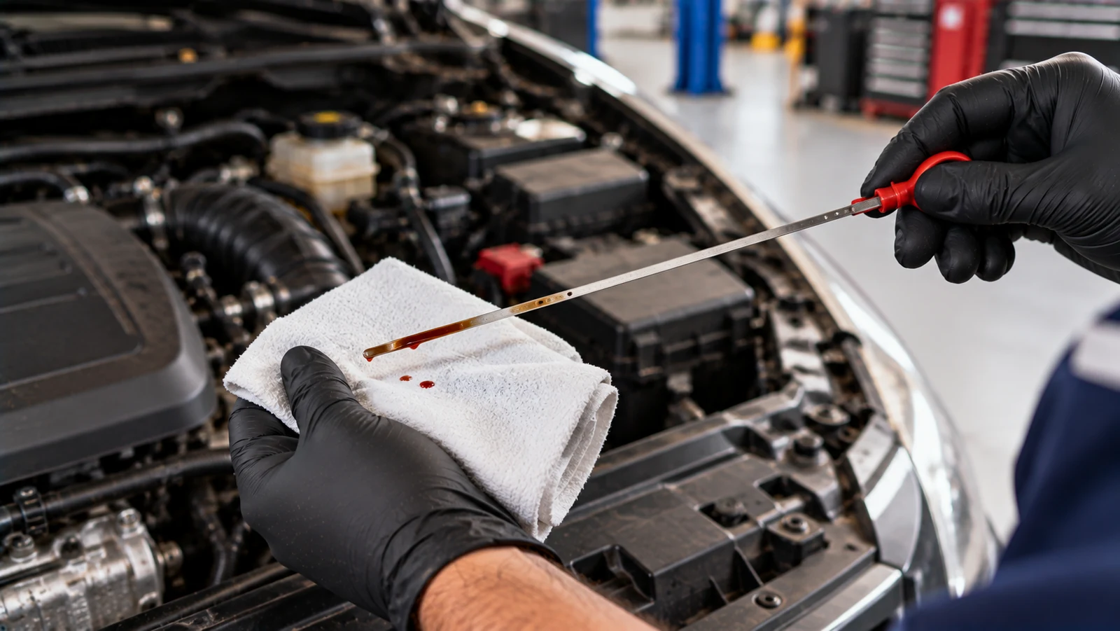 Gloved mechanic checking automatic transmission dipstick fluid level