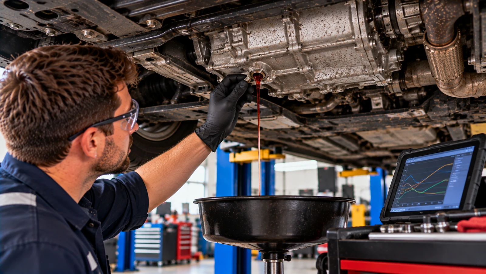 Mechanic inspecting transmission overflow plug on vehicle lift