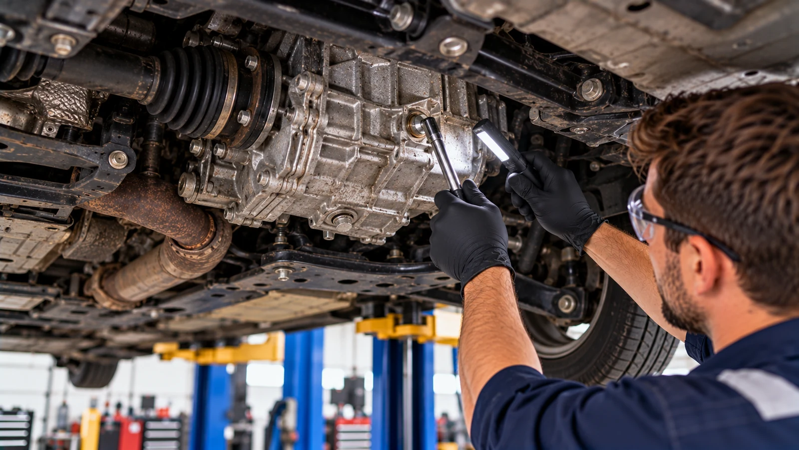 Manual gearbox side fill plug inspection under vehicle