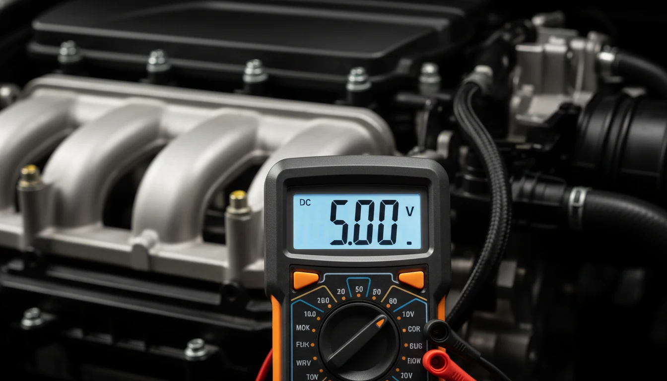 A digital multimeter showing a precise 5V reference voltage reading during a sensor test.