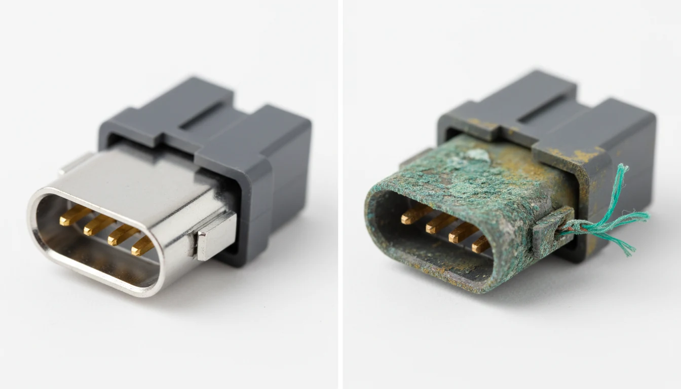 A side-by-side comparison of a healthy sensor connector and a corroded one showing signs of failure.
