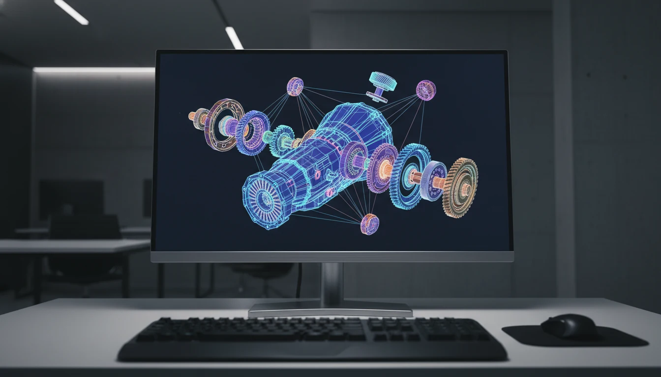 A high-resolution digital exploded diagram of a car transmission shown on a computer screen.