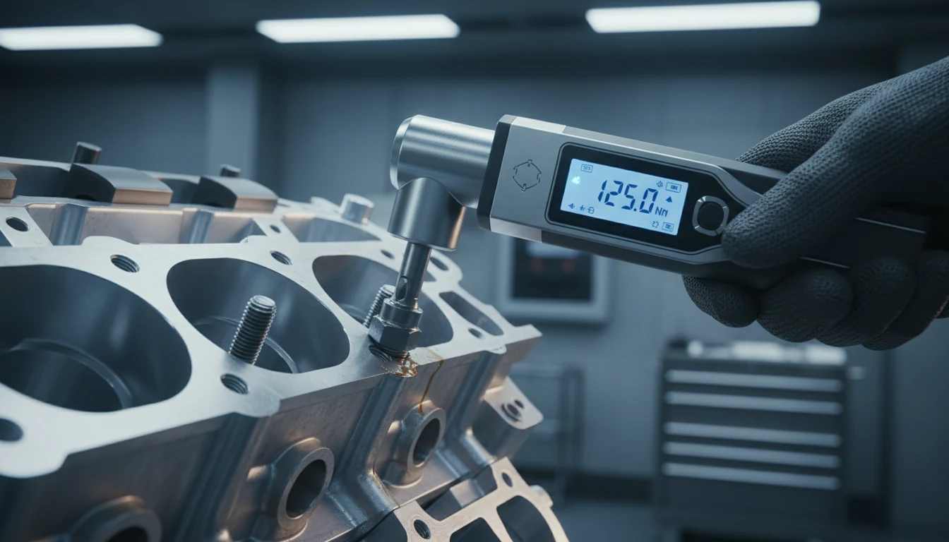 A mechanic using a digital torque wrench on an engine to ensure precise fitment.
