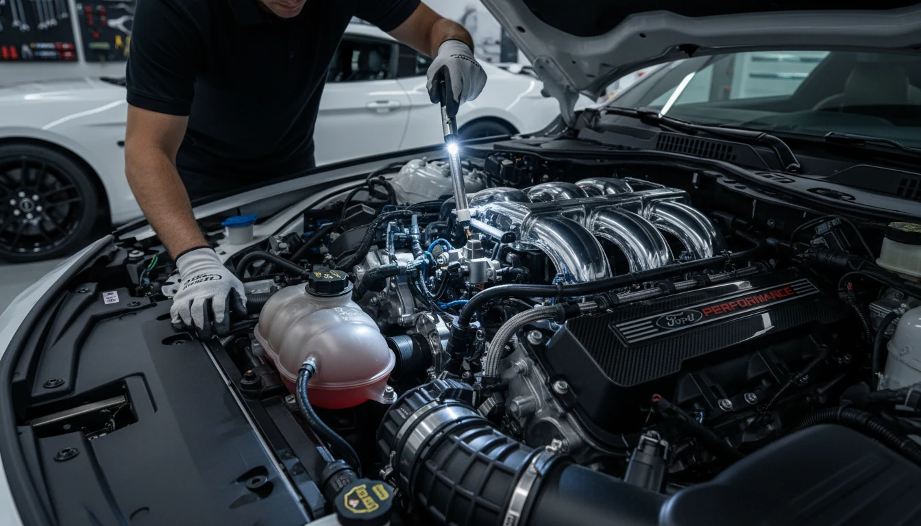 A technician inspecting a specific sensor in a clean modern Ford engine bay.