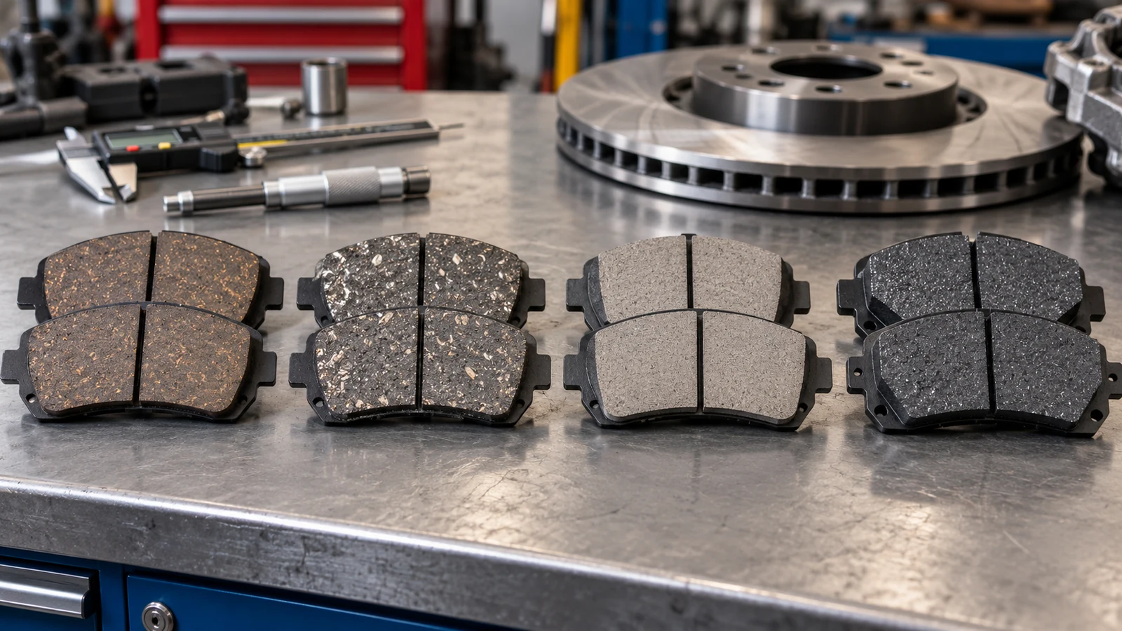 Brake pad compounds arranged on workshop bench