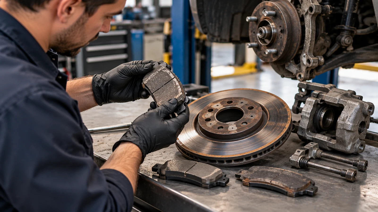 Technician inspecting heat-affected brake components
