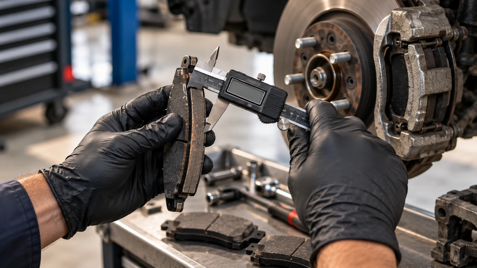 Measuring brake pad thickness with digital caliper